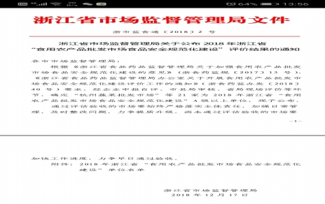 喜報：熱烈祝賀我市場獲浙江省首批食品安全規范化創建唯一一家AAA級單位